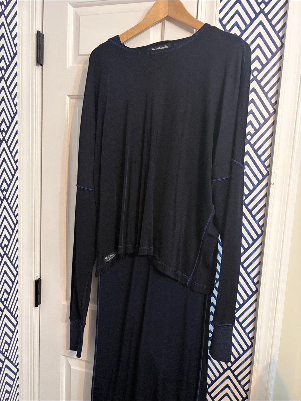 Parthenis Navy midi Knit Dress with matching knit sweater; rayon-like material